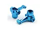 Two blue anodized aluminium front steering hubs for an RC car, shown from different angles on a white background.
