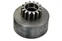 A grey metal 14-tooth clutch bell for an RC nitro engine against a white background.