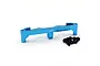 A blue anodized aluminium front shock tower for RC cars by Yeah Racing, accompanied by five black metal screws on a white background.