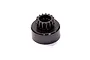 A black metal 15-tooth clutch bell for an RC nitro engine, shown from a high angle against a white background.