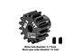 A black GPM Racing 16T 0.8 module pinion gear with two grub screws on a white background, showing specifications for hole and outer diameter.