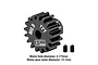 A black GPM Racing 17T 0.8Mod pinion gear with two grub screws, shown on a white background with technical specifications printed below.