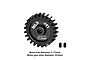 A black GPM Racing 24T 0.8Mod pinion gear with two small grub screws, shown on a white background with technical specifications printed below.