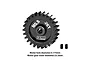A black GPM Racing 26T 0.8 module pinion gear with two small grub screws on a white background.