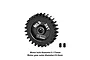 A black GPM Racing 28T 0.8 module pinion gear with two grub screws on a white background.