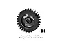 A black GPM Racing 29T 0.8 module pinion gear with two small grub screws on a white background.