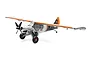 E-Flite Micro Scrappy 800mm RC plane in silver and orange livery, viewed from a front three-quarter angle against a white background.