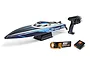 Pro Boat Sonicwake 24-inch blue RC speed boat with a transmitter, LiPo battery, and charger on a white background.