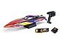 Pro Boat Sonicwake 24-inch RC speed boat with black, purple, orange, and yellow livery, including a transmitter, LiPo battery, and charger on a white background.