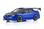A blue Kyosho Mini-Z Subaru Impreza WRX RC car body shell with a black hood, roof scoop, and rear GT wing, shown on a white background.