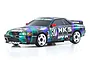 Kyosho Mini-Z HKS Skyline R32 GT-R #87 pre-painted RC body shell in black, purple, and teal livery with white wheels.