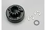 A black Traxxas 14T 1Mod nitro engine clutch bell with two E-clips and a washer on a light grey background.