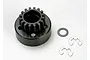 Traxxas 15T 1Mod nitro engine clutch bell with included washer and E-clips on a white background.