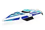 Pro Boat Sonicwake V2 36-inch RC speed boat in white with blue and teal graphics, mounted on a black display stand against a white background.