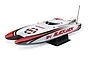 Pro Boat Blackjack 24 inch catamaran RC speed boat in red, white, and black livery, displayed on a black plastic boat stand against a white background.