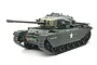 A studio shot of a 1/16 scale Tamiya British Centurion Mk.III RC tank model, painted in olive green with white star and text markings on a white background.