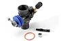 A Traxxas RC engine carburettor assembly with a blue rubber boot, brass needle valve, small metal nut, O-ring, and a threaded pin.