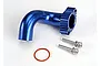A blue anodized aluminum exhaust header for a Traxxas RC engine, including two silver mounting screws and one orange rubber O-ring.