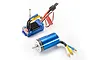 Traxxas Velineon brushless motor and ESC combo featuring a blue motor can and blue ESC with heatsink on a white background.