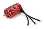 A red and silver Dynamite Fuze brushless RC motor with three black wires and gold bullet connectors against a white background.