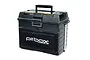 A black Kyosho Pit Box tool case with a carrying handle and a front panel featuring the Pit Box logo and website address.
