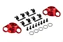 Kyosho HD front hub set for FZ02 including two red anodized aluminum hubs, black plastic parts, screws, and circlips.