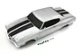 A silver Kyosho 1/10 scale Chevy Chevelle SS 454 RC car body shell with black racing stripes, viewed from a high angle against a white background.