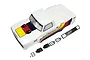 Kyosho 1/10 Outlaw Rampage T1 white painted RC truck body shell with decals and plastic accessories on a white background.