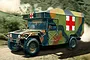 An illustration of an M997 Humvee Maxi Ambulance driving on a dirt road with a camouflage paint scheme and red cross markings.