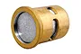 A brass-coloured nitro engine cylinder sleeve with a silver-coloured piston inside, isolated on a white background.