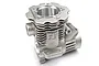 A silver Traxxas TRX 3.3 nitro engine crankcase spare part shown from a high angle against a white background.