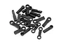 A pile of black plastic ball joint rod ends for RC car linkages on a white background.