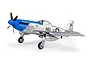 E-Flite P-51D Mustang Cripes A'Mighty 3rd RC plane in silver and blue livery, featuring a four-blade propeller and landing gear on a white background.