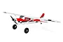 E-Flite Carbon-Z Cessna 150T RC plane in red, white, and black livery, shown from a front-quarter angle against a white background.