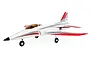E-Flite Habu STS RC EDF jet trainer plane in white, silver, and red livery, shown from a side-angle view against a white background.
