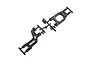 Two black plastic RC car suspension arms still attached to their plastic sprue frame.