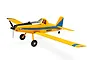 E-Flite UMX Air Tractor RC plane in yellow with blue trim, featuring a black propeller and landing gear, isolated on a white background.