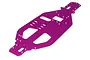 A purple anodized aluminium RC car chassis plate with various mounting holes and cutouts, shown from an elevated angle on a white background.