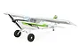 E-Flite Timber X 1.2m RC plane in white with green and black graphics, featuring large tundra-style wheels and a high-wing design against a white background.