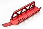A red anodised aluminium main chassis for an RC car, featuring a U-shaped design with triangular cutouts for weight reduction.