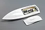 A white RC boat hull and matching canopy set for the Pro Boat Impulse 32, shown from a high angle against a grey background.