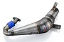 Olimat Engineering silenced exhaust pipe for Losi 5IVE-T 2.0, featuring a welded steel construction with a blue silicone coupler.