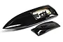 A glossy black RC boat hull and matching canopy set, shown from an elevated angle against a white background.