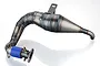 Olimat Engineering non-silenced tuned exhaust pipe for Losi DBXL 2.0 RC car, featuring a raw welded metal finish and a blue silicone coupler.