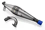 Olimat Engineering non-silenced exhaust pipe set for RC Baja 5T/5SC, featuring a raw metal tuned pipe and curved header with a blue silicone coupler.