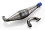 Olimat Engineering 2-piece non-silenced tuned exhaust pipe set for RC cars, featuring raw welded steel construction and a blue silicone coupler.