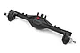 A black anodized aluminium Vanquish Currie F9 rear portal axle housing for RC crawlers, featuring a red differential cover screw and silver wheel nuts.