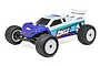 Losi Mini-T 2.0 1/18 scale RC stadium truck in blue and white livery, featuring ribbed front tires and knobby rear tires on a white background.
