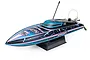 Pro Boat Recoil 2 Shreddy 18-inch RC speed boat in black with blue and pink graphics on a black display stand against a white background.