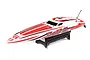 Pro Boat Impulse 32-inch Deep-V RC speed boat in white and red livery, displayed on a black plastic boat stand against a white background.
